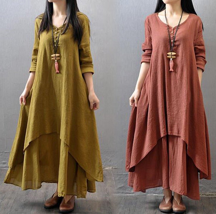 Juelz Faux two - piece long skirt | large hem linen dress loose long sleeved cotton linen skirt, Faux Two - Piece Long Skirt, Large Hem Linen Dress, Loose Long - Sleeved Cotton Linen Skirt, Trendy Two - Piece Look Linen Dress, Casual Cotton Linen Maxi Skirt. - Mighty Lifestyle