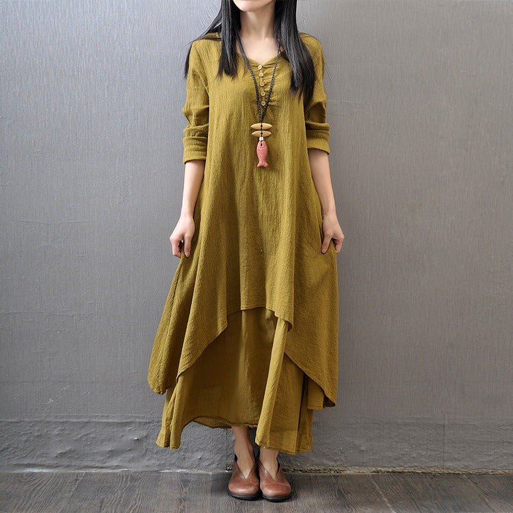 Juelz Faux two - piece long skirt | large hem linen dress loose long sleeved cotton linen skirt, Faux Two - Piece Long Skirt, Large Hem Linen Dress, Loose Long - Sleeved Cotton Linen Skirt, Trendy Two - Piece Look Linen Dress, Casual Cotton Linen Maxi Skirt. - Mighty Lifestyle