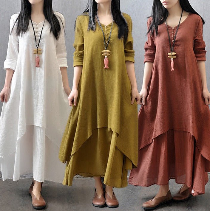 Juelz Faux two - piece long skirt | large hem linen dress loose long sleeved cotton linen skirt, Faux Two - Piece Long Skirt, Large Hem Linen Dress, Loose Long - Sleeved Cotton Linen Skirt, Trendy Two - Piece Look Linen Dress, Casual Cotton Linen Maxi Skirt. - Mighty Lifestyle