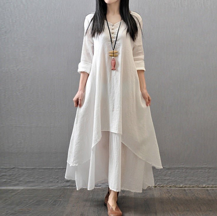 Juelz Faux two - piece long skirt | large hem linen dress loose long sleeved cotton linen skirt, Faux Two - Piece Long Skirt, Large Hem Linen Dress, Loose Long - Sleeved Cotton Linen Skirt, Trendy Two - Piece Look Linen Dress, Casual Cotton Linen Maxi Skirt. - Mighty Lifestyle