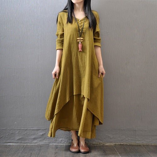 Juelz Faux two - piece long skirt | large hem linen dress loose long sleeved cotton linen skirt, Faux Two - Piece Long Skirt, Large Hem Linen Dress, Loose Long - Sleeved Cotton Linen Skirt, Trendy Two - Piece Look Linen Dress, Casual Cotton Linen Maxi Skirt. - Mighty Lifestyle