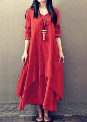 Juelz Faux two - piece long skirt | large hem linen dress loose long sleeved cotton linen skirt, Faux Two - Piece Long Skirt, Large Hem Linen Dress, Loose Long - Sleeved Cotton Linen Skirt, Trendy Two - Piece Look Linen Dress, Casual Cotton Linen Maxi Skirt. - Mighty Lifestyle