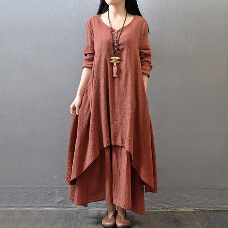 Juelz Faux two - piece long skirt | large hem linen dress loose long sleeved cotton linen skirt, Faux Two - Piece Long Skirt, Large Hem Linen Dress, Loose Long - Sleeved Cotton Linen Skirt, Trendy Two - Piece Look Linen Dress, Casual Cotton Linen Maxi Skirt. - Mighty Lifestyle