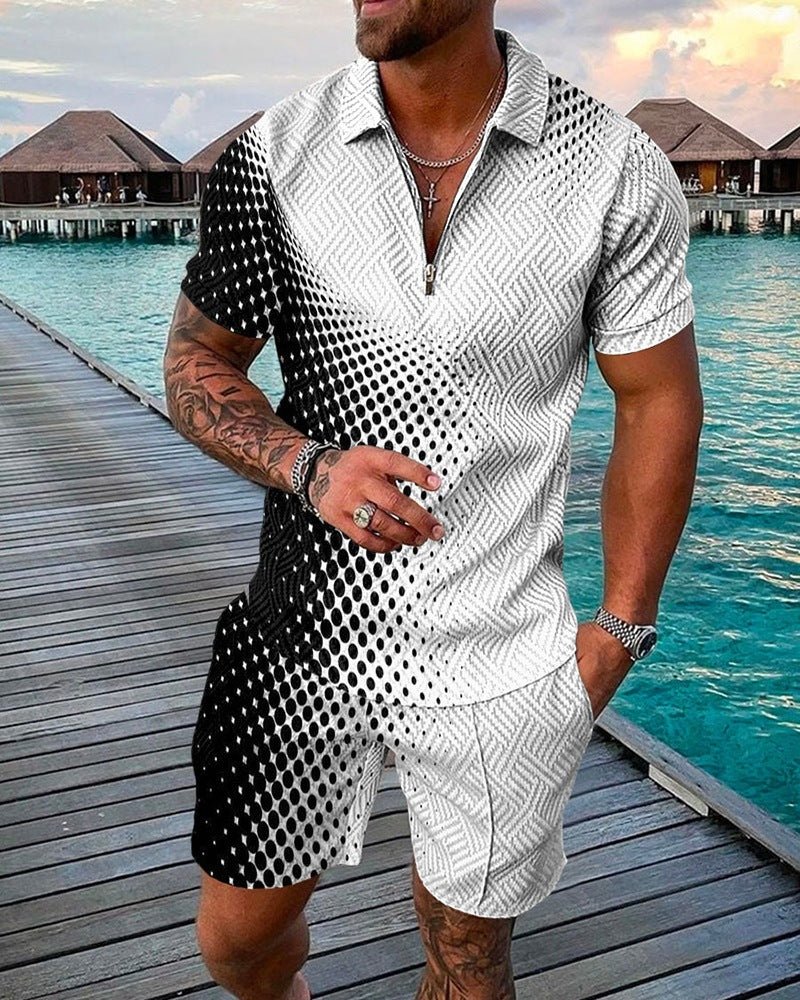 Ken Summer Set | Men's Fashion Casual Suit 3D Print Zip Short Sleeve Polo Shirt Shorts 2 Piece Set - Mighty Lifestyle