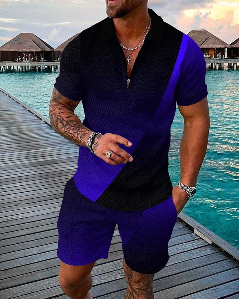Ken Summer Set | Men's Fashion Casual Suit 3D Print Zip Short Sleeve Polo Shirt Shorts 2 Piece Set - Mighty Lifestyle