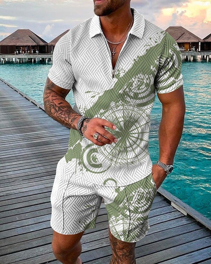 Ken Summer Set | Men's Fashion Casual Suit 3D Print Zip Short Sleeve Polo Shirt Shorts 2 Piece Set - Mighty Lifestyle