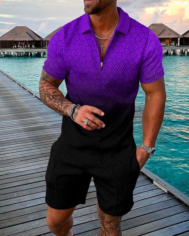 Ken Summer Set | Men's Fashion Casual Suit 3D Print Zip Short Sleeve Polo Shirt Shorts 2 Piece Set - Mighty Lifestyle