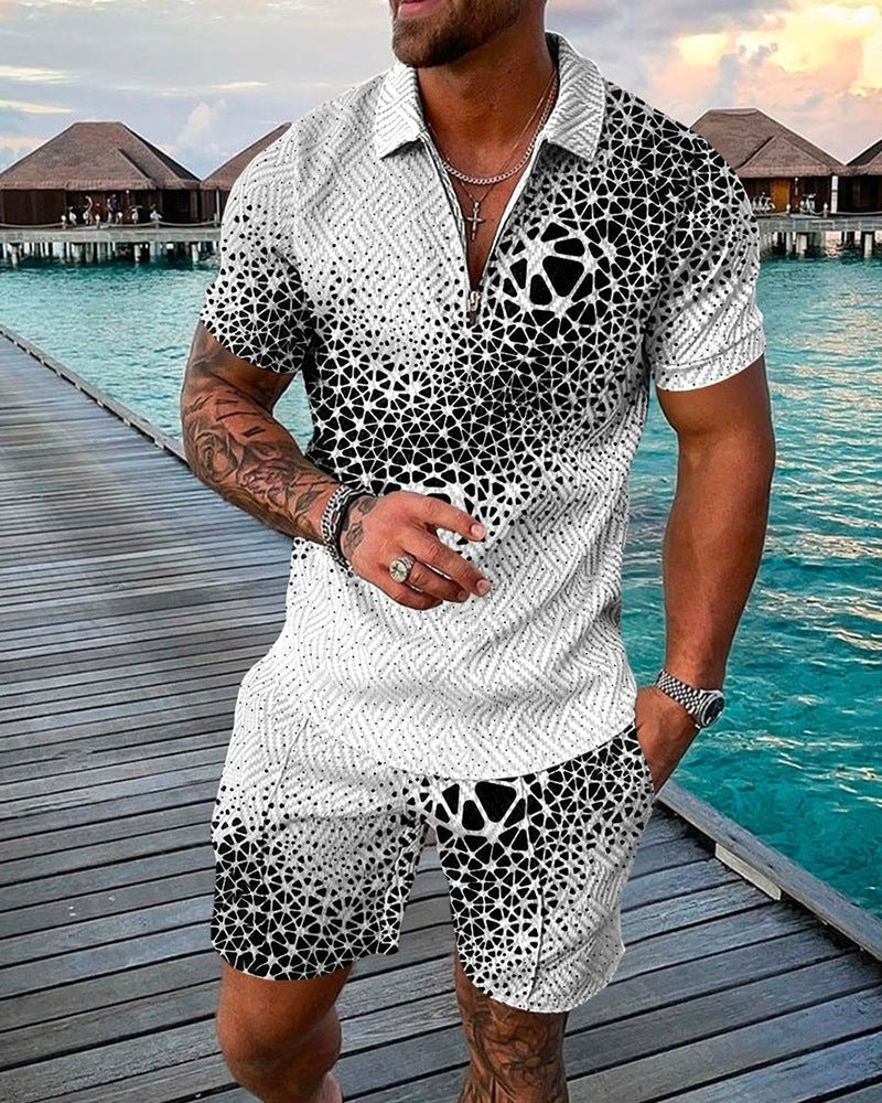 Ken Summer Set | Men's Fashion Casual Suit 3D Print Zip Short Sleeve Polo Shirt Shorts 2 Piece Set - Mighty Lifestyle