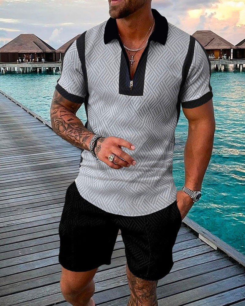 Ken Summer Set | Men's Fashion Casual Suit 3D Print Zip Short Sleeve Polo Shirt Shorts 2 Piece Set - Mighty Lifestyle