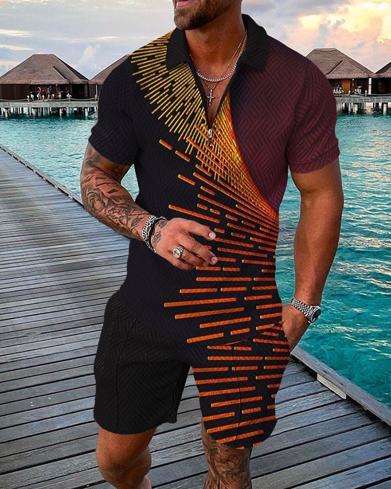 Ken Summer Set | Men's Fashion Casual Suit 3D Print Zip Short Sleeve Polo Shirt Shorts 2 Piece Set - Mighty Lifestyle