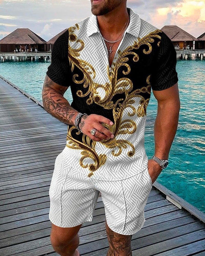 Ken Summer Set | Men's Fashion Casual Suit 3D Print Zip Short Sleeve Polo Shirt Shorts 2 Piece Set - Mighty Lifestyle