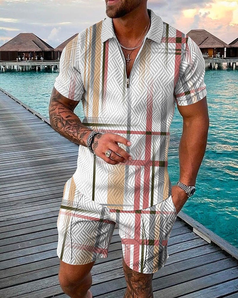 Ken Summer Set | Men's Fashion Casual Suit 3D Print Zip Short Sleeve Polo Shirt Shorts 2 Piece Set - Mighty Lifestyle