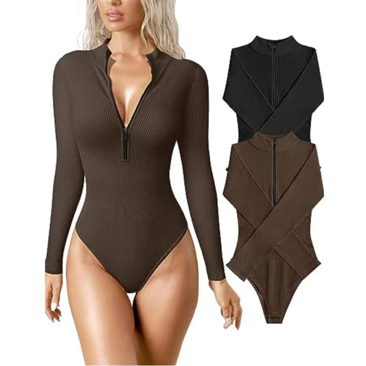 Lolita II | Long Sleeve Bodysuit Sexy Ribbed Bodysuit Front Zip Long Sleeve Top Bodysuit - Mighty Lifestyle
