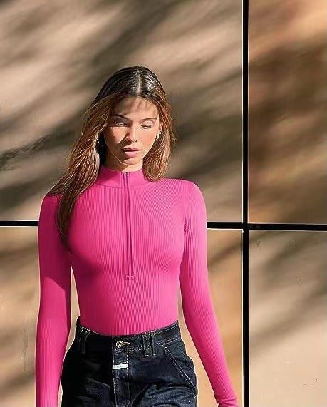Lolita II | Long Sleeve Bodysuit Sexy Ribbed Bodysuit Front Zip Long Sleeve Top Bodysuit - Mighty Lifestyle