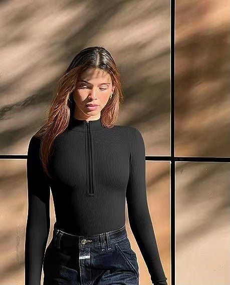 Lolita II | Long Sleeve Bodysuit Sexy Ribbed Bodysuit Front Zip Long Sleeve Top Bodysuit - Mighty Lifestyle