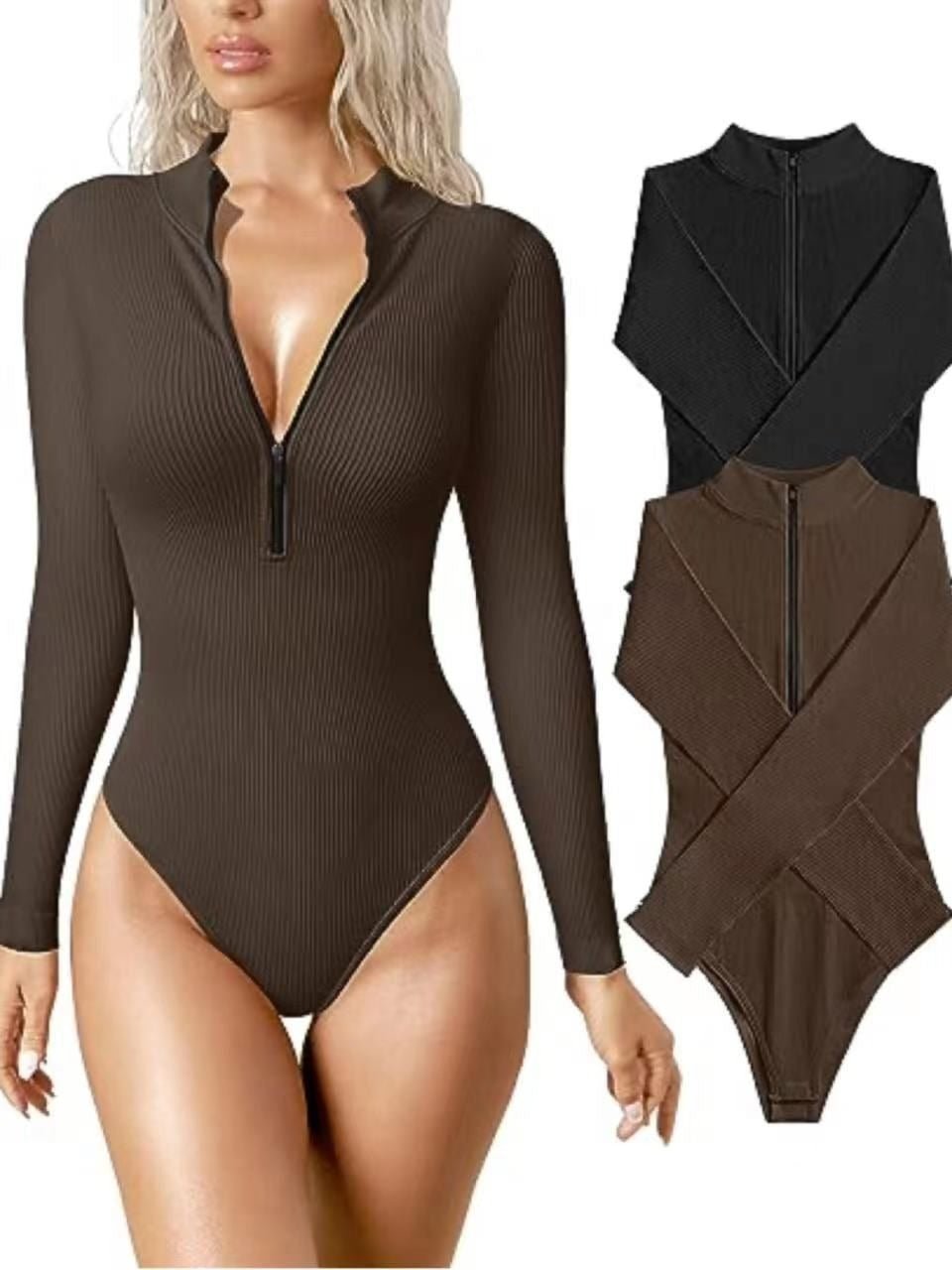 Lolita II | Long Sleeve Bodysuit Sexy Ribbed Bodysuit Front Zip Long Sleeve Top Bodysuit - Mighty Lifestyle