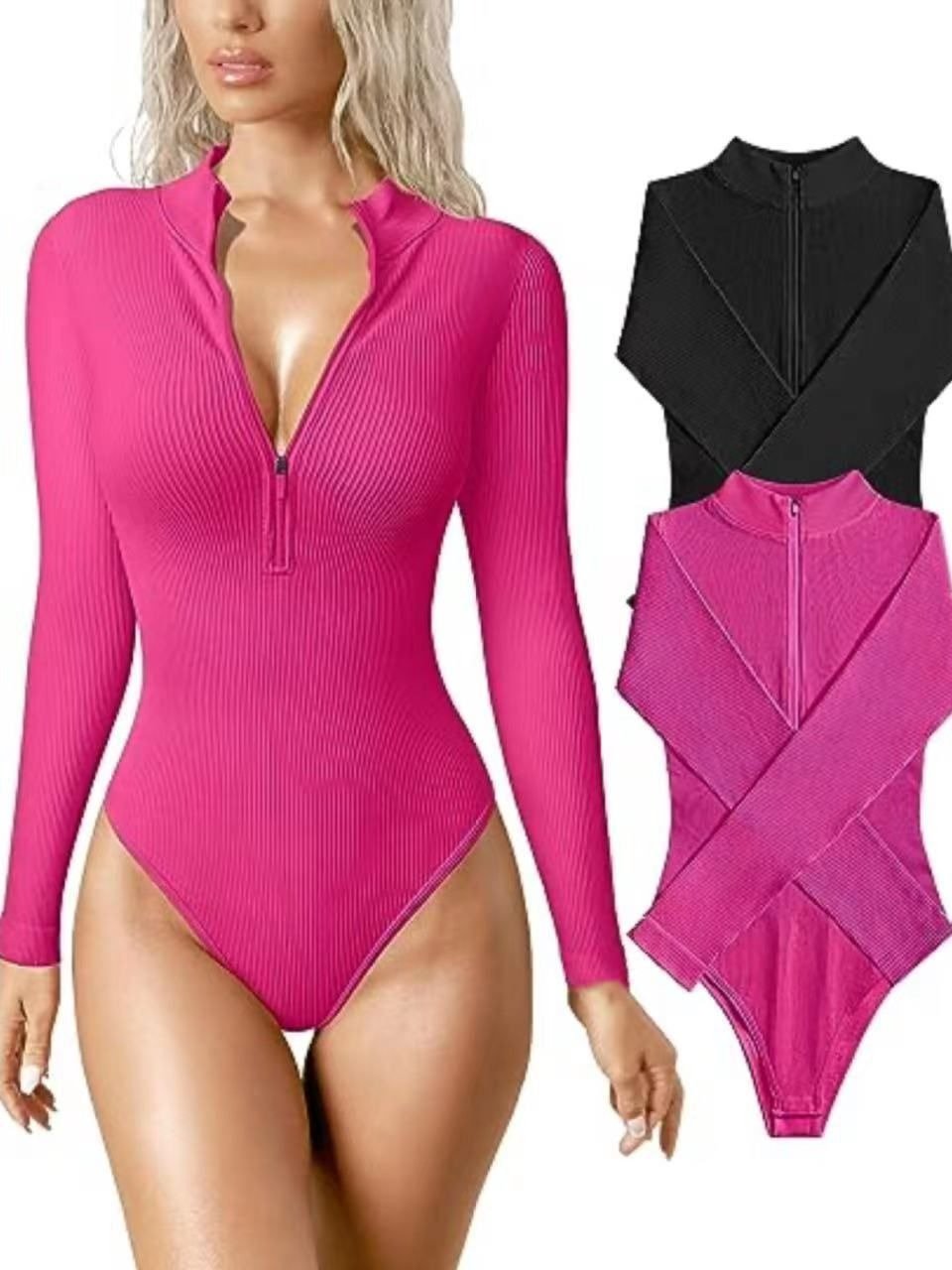 Lolita II | Long Sleeve Bodysuit Sexy Ribbed Bodysuit Front Zip Long Sleeve Top Bodysuit - Mighty Lifestyle