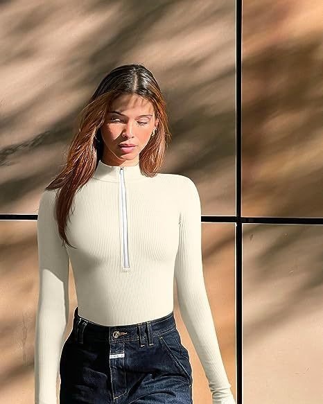 Lolita II | Long Sleeve Bodysuit Sexy Ribbed Bodysuit Front Zip Long Sleeve Top Bodysuit - Mighty Lifestyle