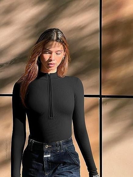 Lolita II | Long Sleeve Bodysuit Sexy Ribbed Bodysuit Front Zip Long Sleeve Top Bodysuit - Mighty Lifestyle