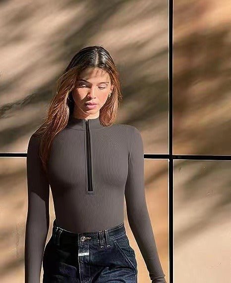 Lolita II | Long Sleeve Bodysuit Sexy Ribbed Bodysuit Front Zip Long Sleeve Top Bodysuit - Mighty Lifestyle