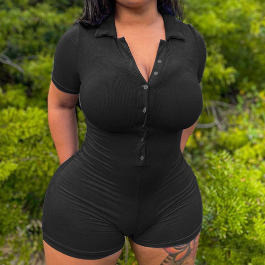 Lolita III | Solid Color Short Sleeve Slim Button Turndown Collar Jumpsuit Body Suit - Mighty Lifestyle