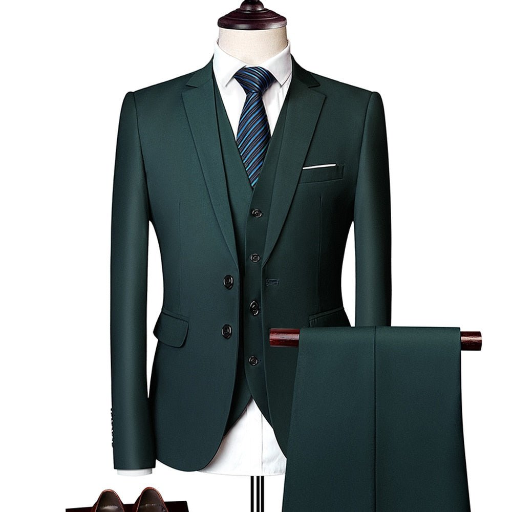 Malcolm Suit | Wedding Prom Suit | Green Slim Fit Tuxedo Men Formal Business Work Wear Suits 3Pcs Set (Jacket+Pants+Vest) - Mighty Lifestyle