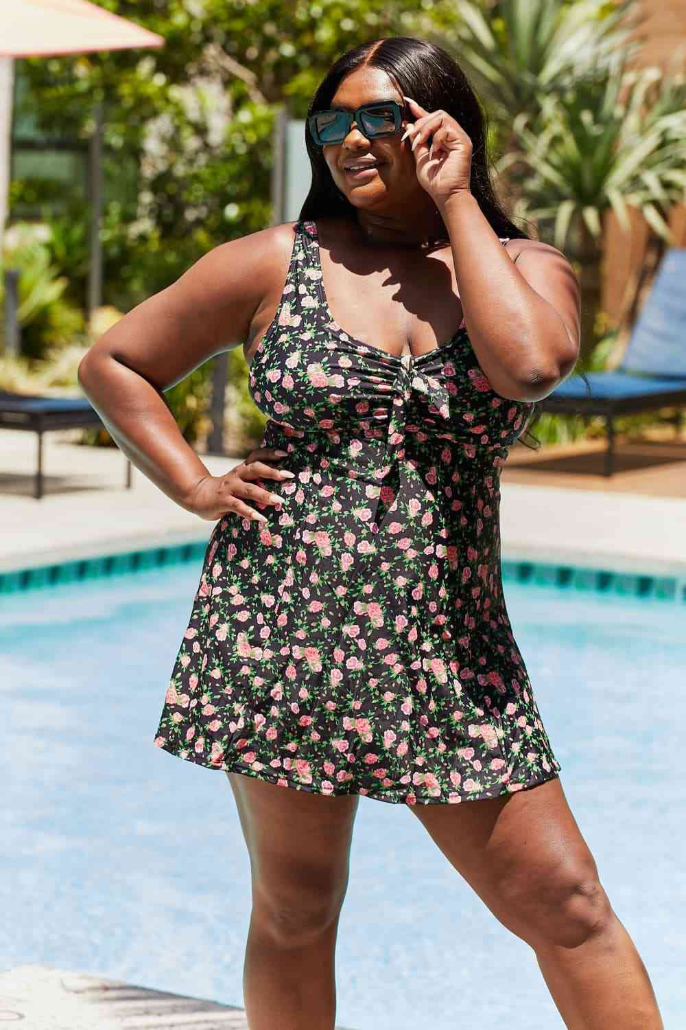 Marina West Swim Full Size Clear Waters Swim Dress in Black Roses - Mighty Lifestyle