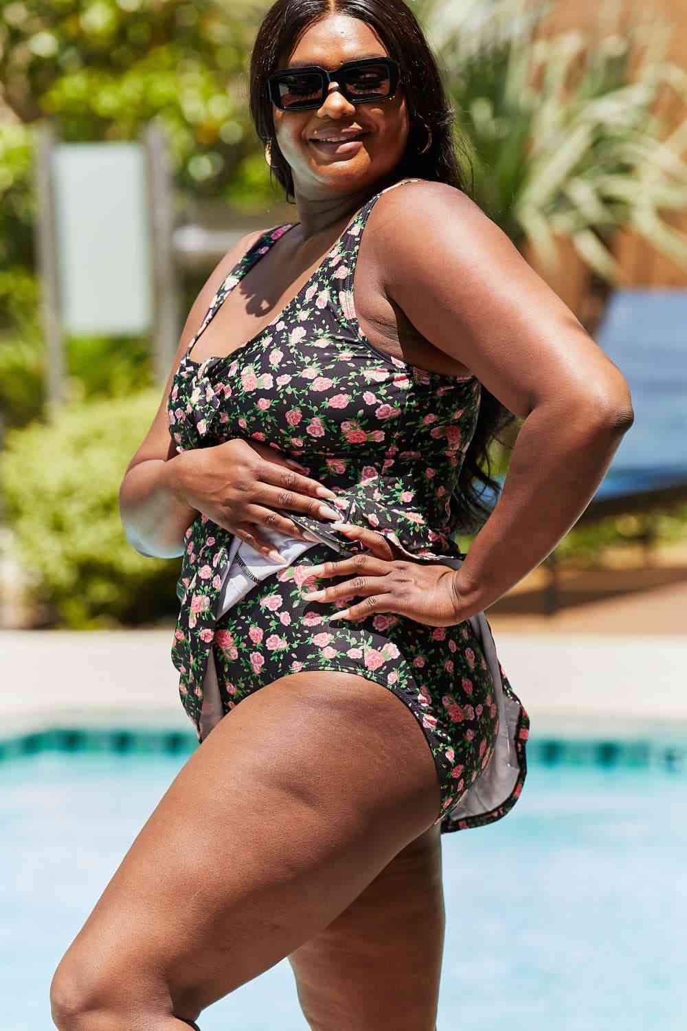 Marina West Swim Full Size Clear Waters Swim Dress in Black Roses - Mighty Lifestyle