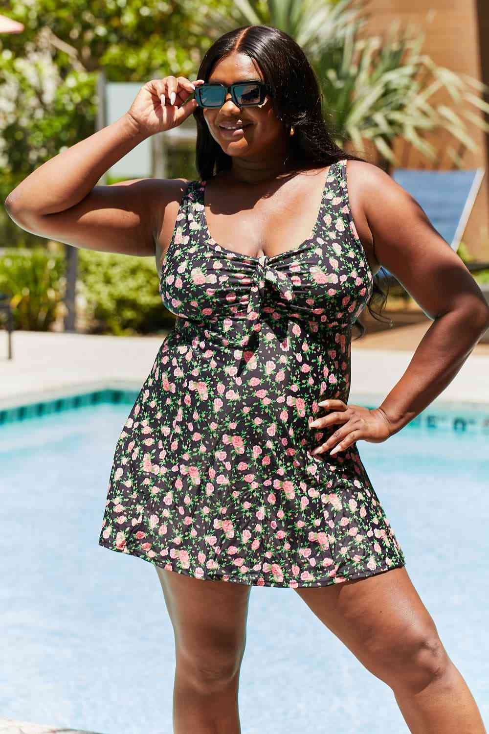 Marina West Swim Full Size Clear Waters Swim Dress in Black Roses - Mighty Lifestyle