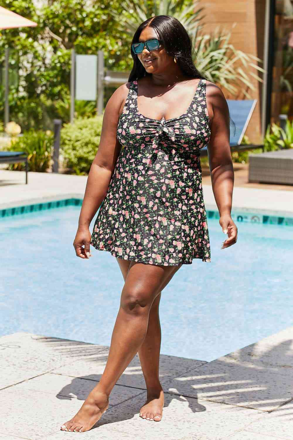 Marina West Swim Full Size Clear Waters Swim Dress in Black Roses - Mighty Lifestyle