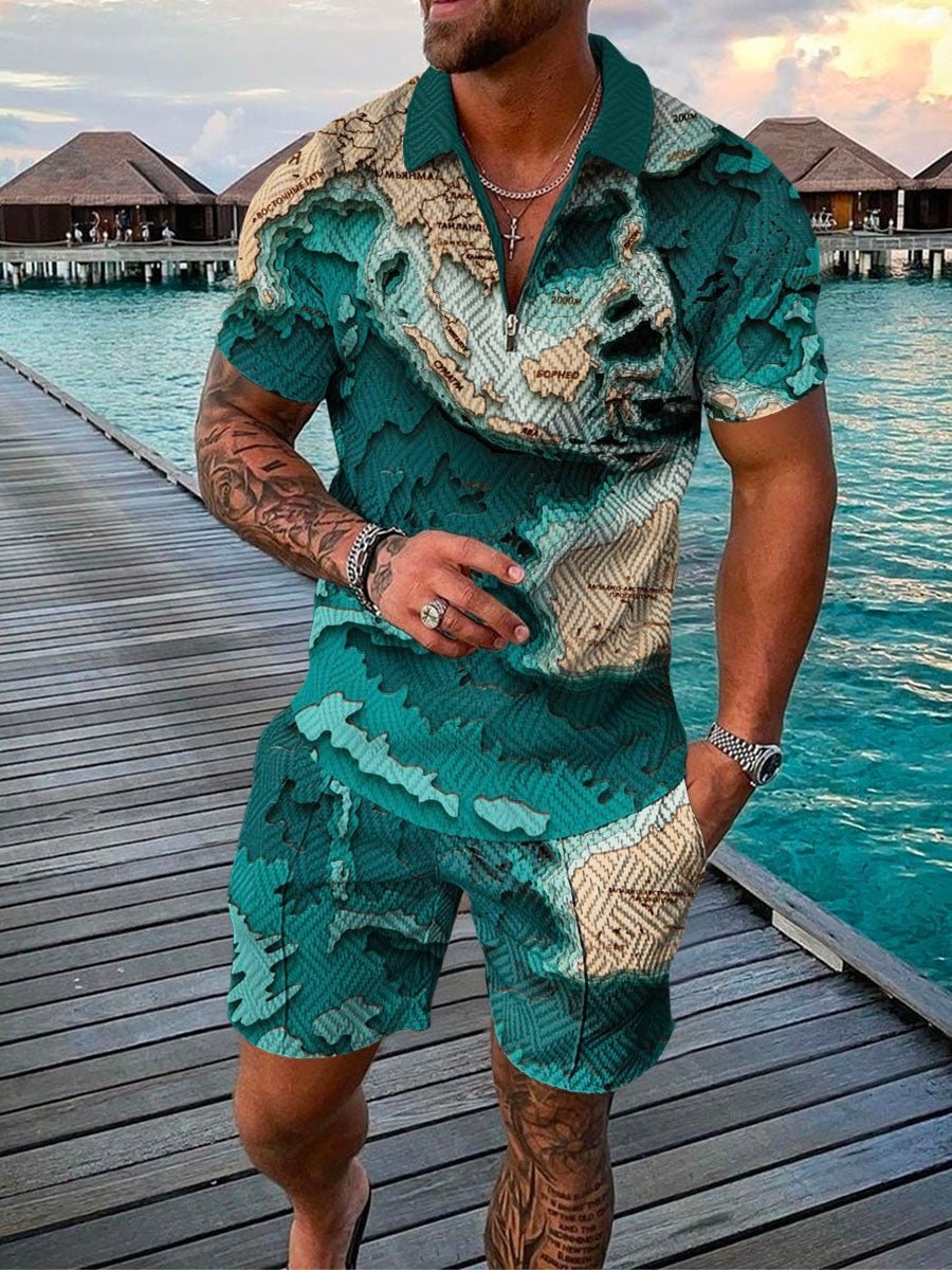 Mark Summer Fit | Men's Fashion Casual Suit 3D Print Zip Short Sleeve Polo Shirt Shorts 2 Piece Set - Mighty Lifestyle