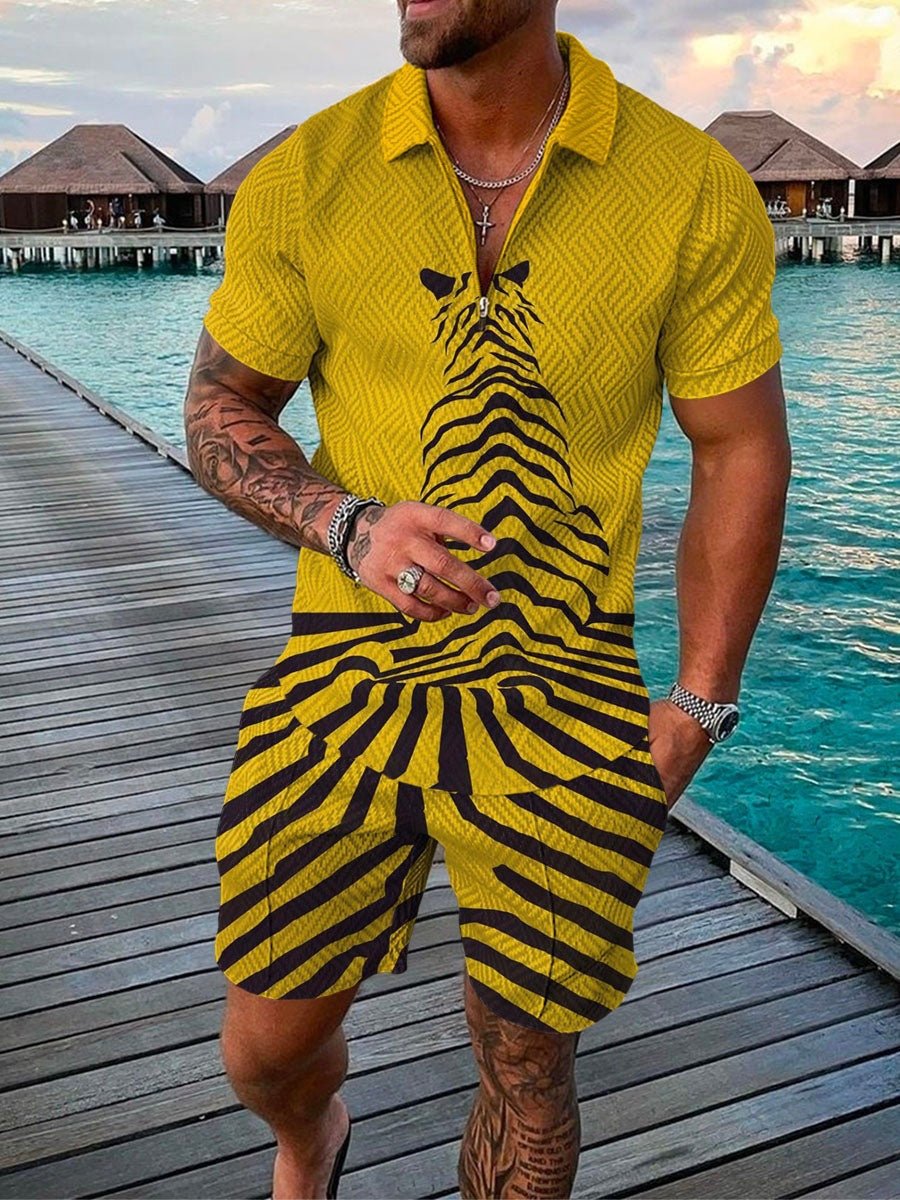 Mark Summer Fit | Men's Fashion Casual Suit 3D Print Zip Short Sleeve Polo Shirt Shorts 2 Piece Set - Mighty Lifestyle