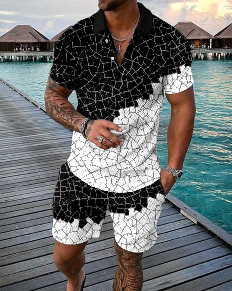 Mark Summer Fit | Men's Fashion Casual Suit 3D Print Zip Short Sleeve Polo Shirt Shorts 2 Piece Set - Mighty Lifestyle