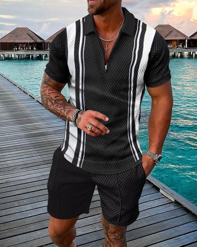 Mark Summer Fit | Men's Fashion Casual Suit 3D Print Zip Short Sleeve Polo Shirt Shorts 2 Piece Set - Mighty Lifestyle