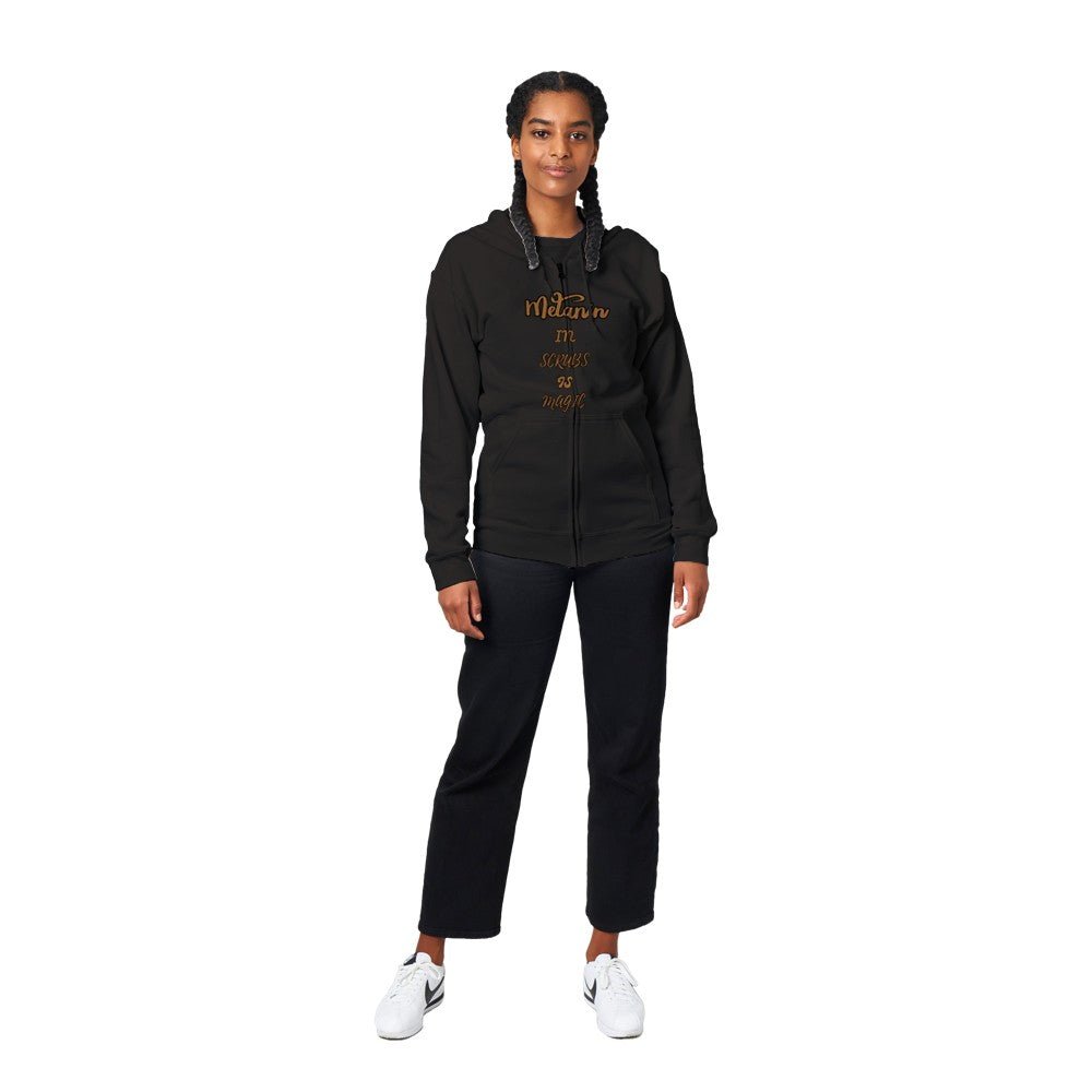 Melanin in Scrubs, Medical professional, Doctor, nurse, pharmacist, Tech, licensed specialist, Student, Classic Unisex Zip Hoodie - Mighty Lifestyle