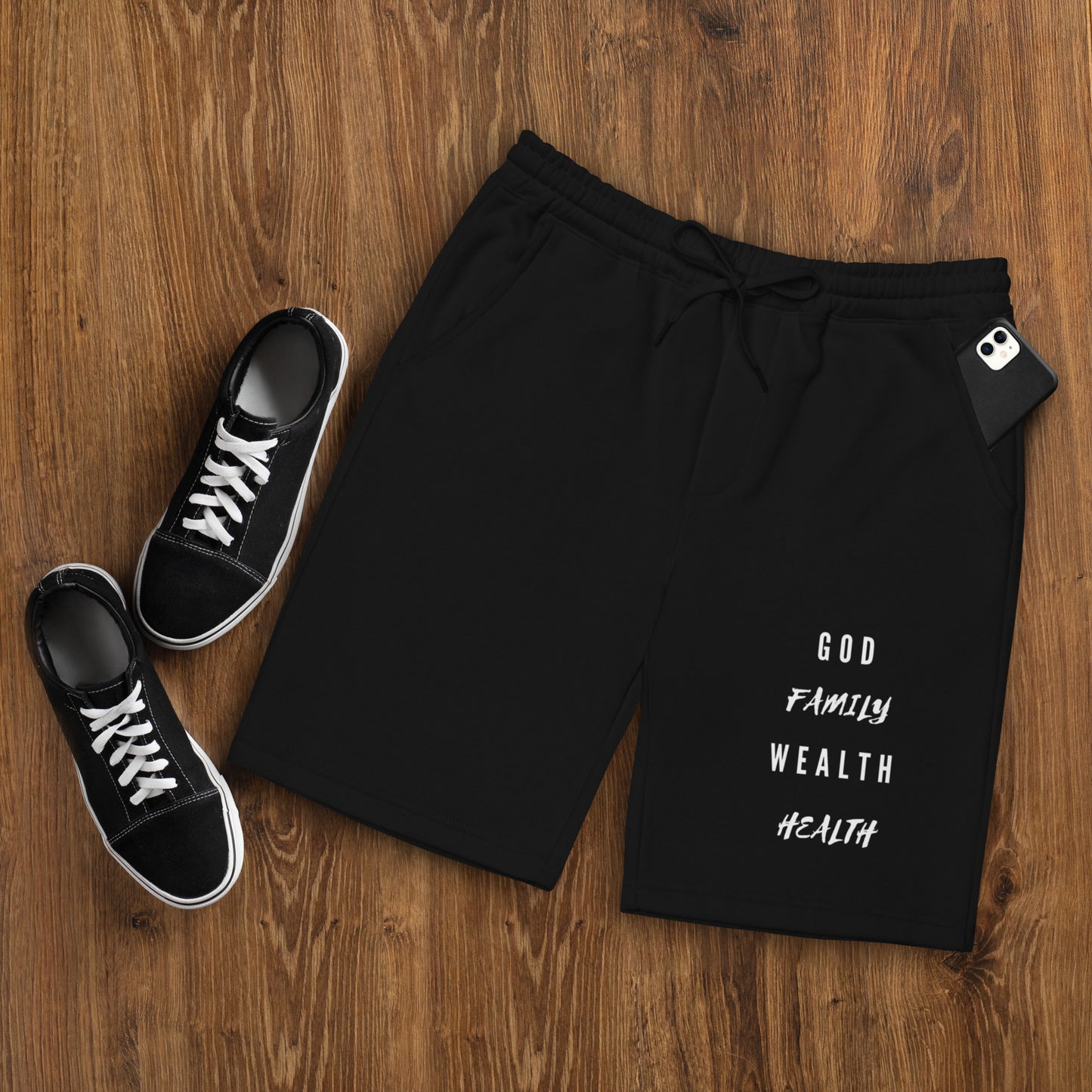 Mighty Lifestyle Fear God Not Man | Priorities| fleece shorts | Casual Christian shorts, Christian lounge shorts, Christian summer shorts, faith based casual shorts, scripture printed casual shorts, trendy Christian shorts, everyday Christian shorts