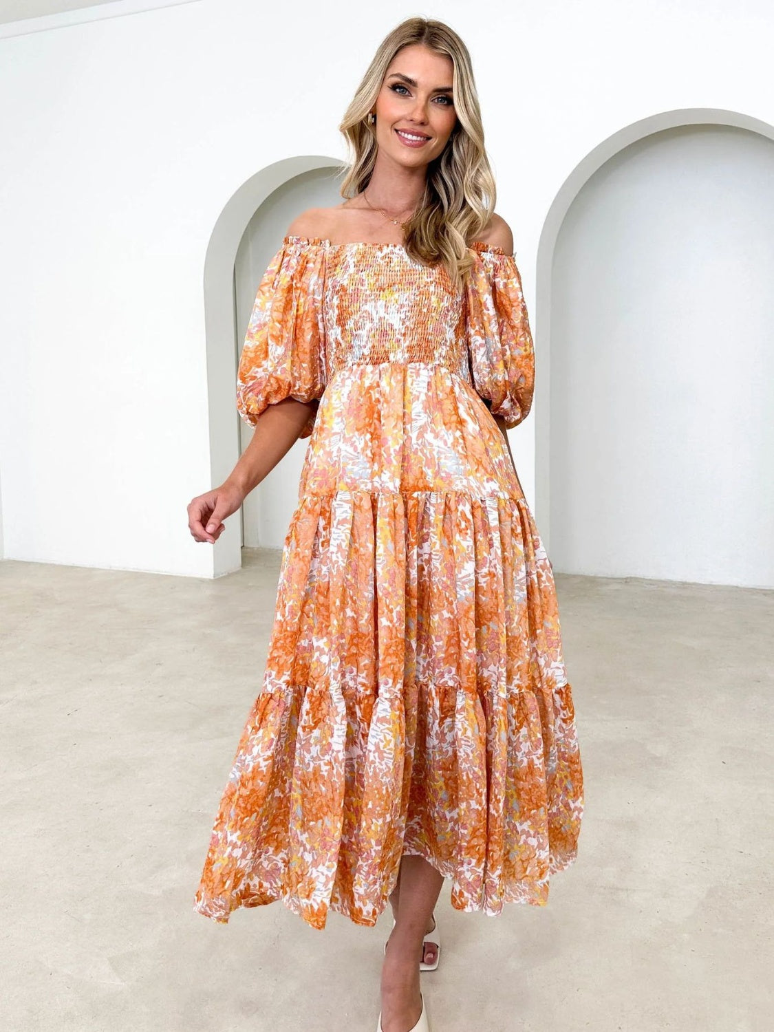 Prinzi Printed Smocked Off-Shoulder Tiered Dress