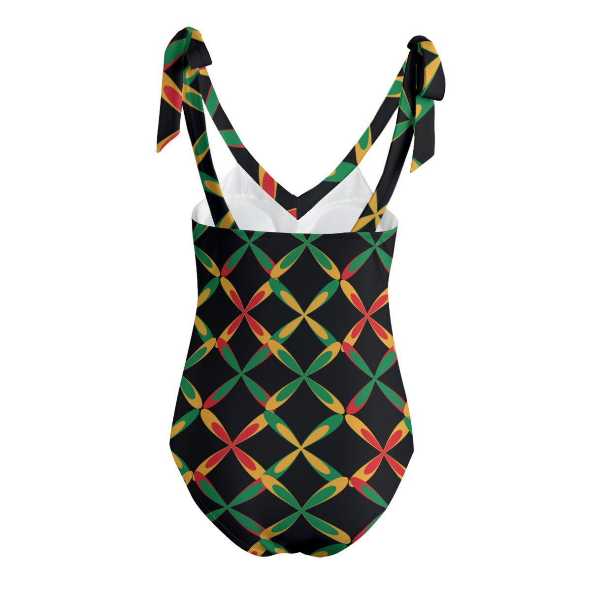 Printed Red Yellow Green Black Women's Tie Shoulder Onepiece Padded Swimsuit