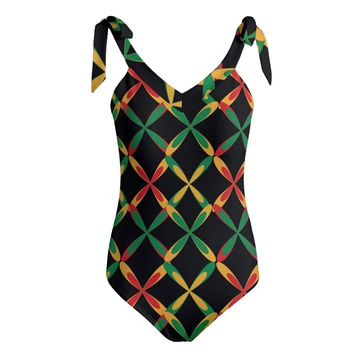 Printed Red Yellow Green Black Women's Tie Shoulder Onepiece Padded Swimsuit