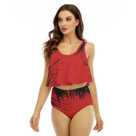 Printed Splash Red Black Women's Ruffled Vest Bikini Swimsuit