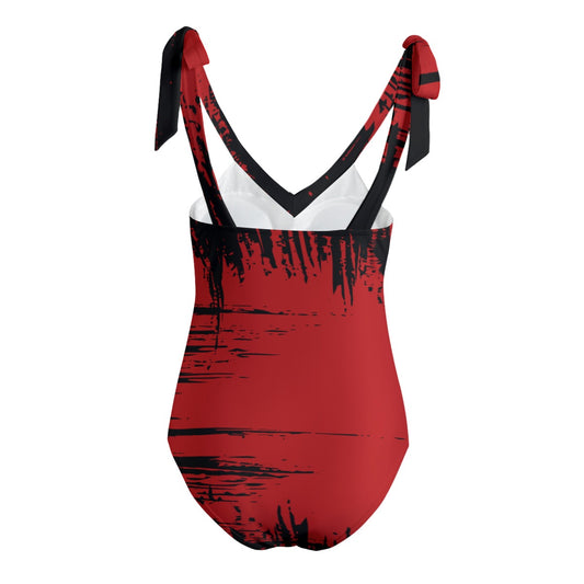 Printed Splash Red Black, Women's Tie Shoulder Onepiece Padded Swimsuit