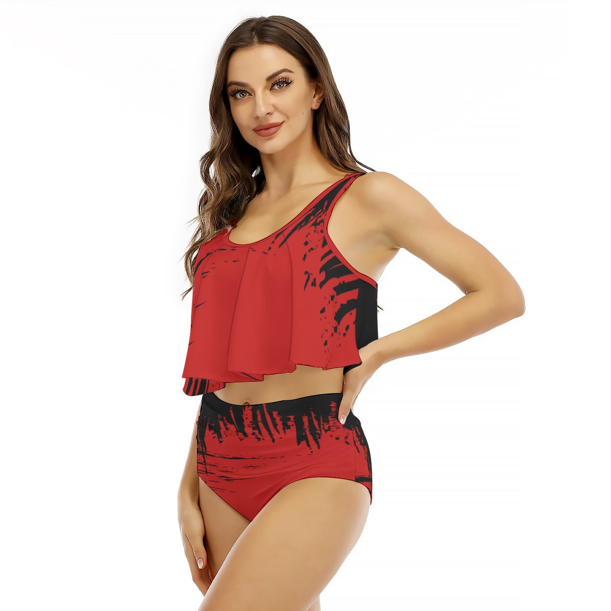 Printed Splash Red Black Women's Ruffled Vest Bikini Swimsuit