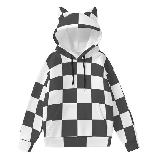 Plaid White Black Women’s Hoodie With Decorative Ears