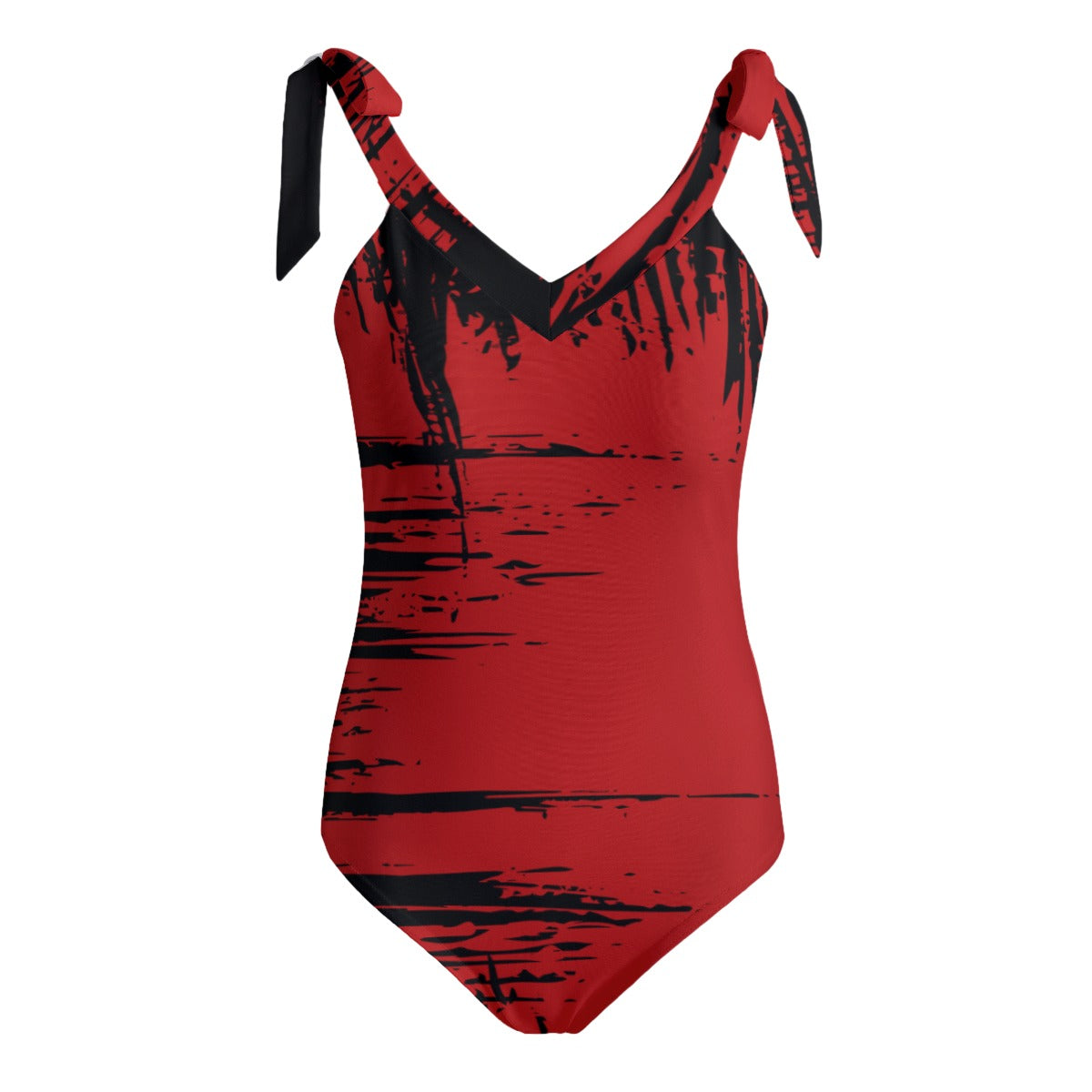 Printed Splash Red Black, Women's Tie Shoulder Onepiece Padded Swimsuit