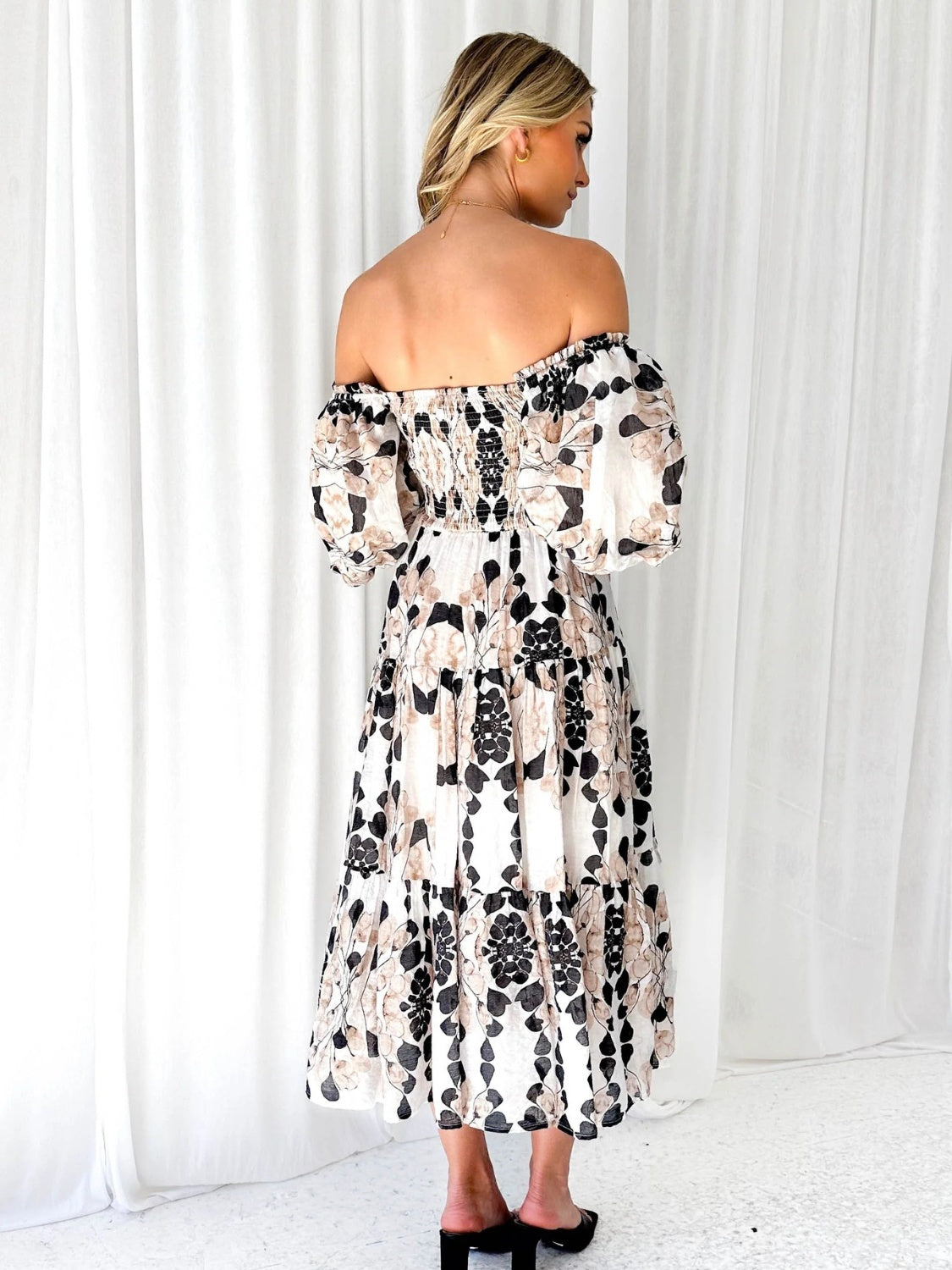 Prinzi Printed Smocked Off-Shoulder Tiered Dress