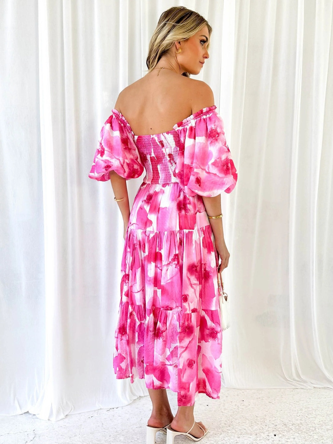 Prinzi Printed Smocked Off-Shoulder Tiered Dress