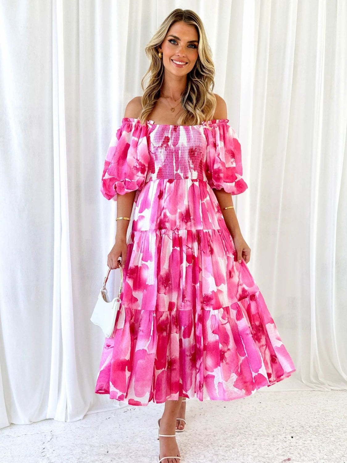 Prinzi Printed Smocked Off-Shoulder Tiered Dress