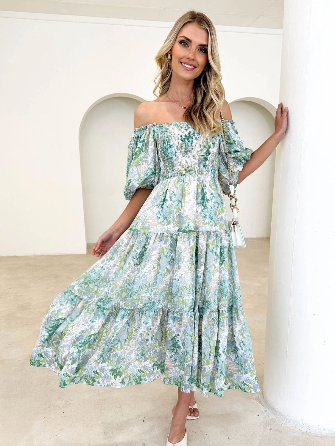 Prinzi Printed Smocked Off-Shoulder Tiered Dress