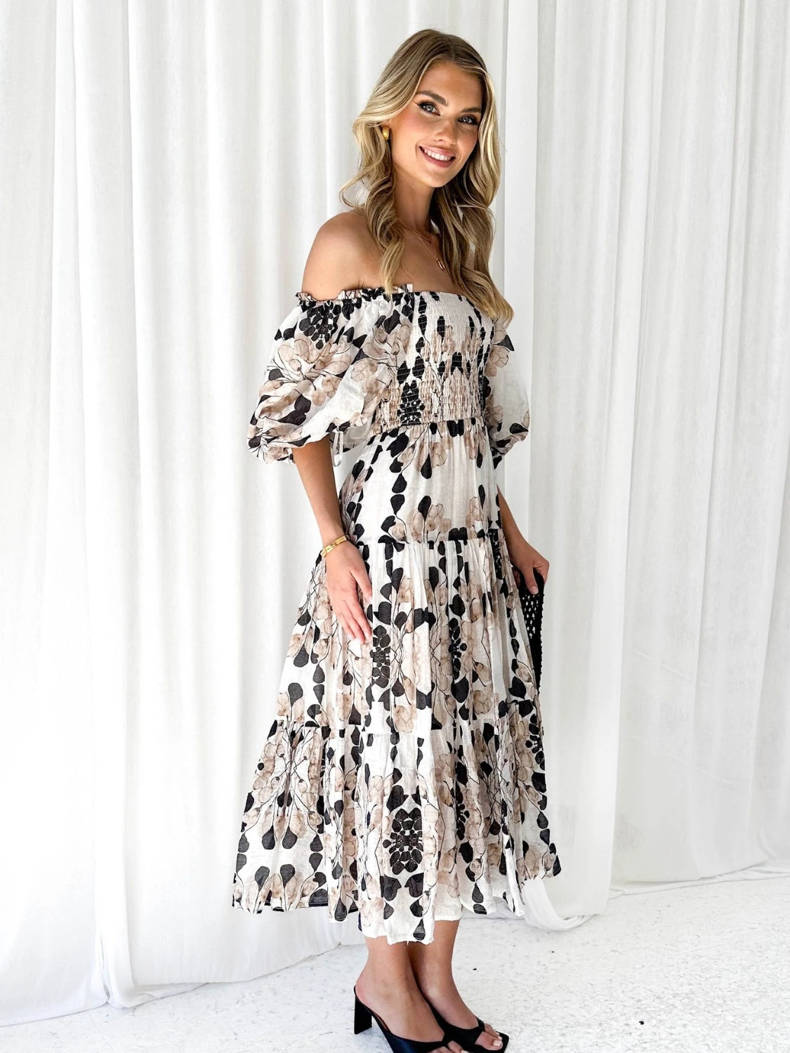 Prinzi Printed Smocked Off-Shoulder Tiered Dress