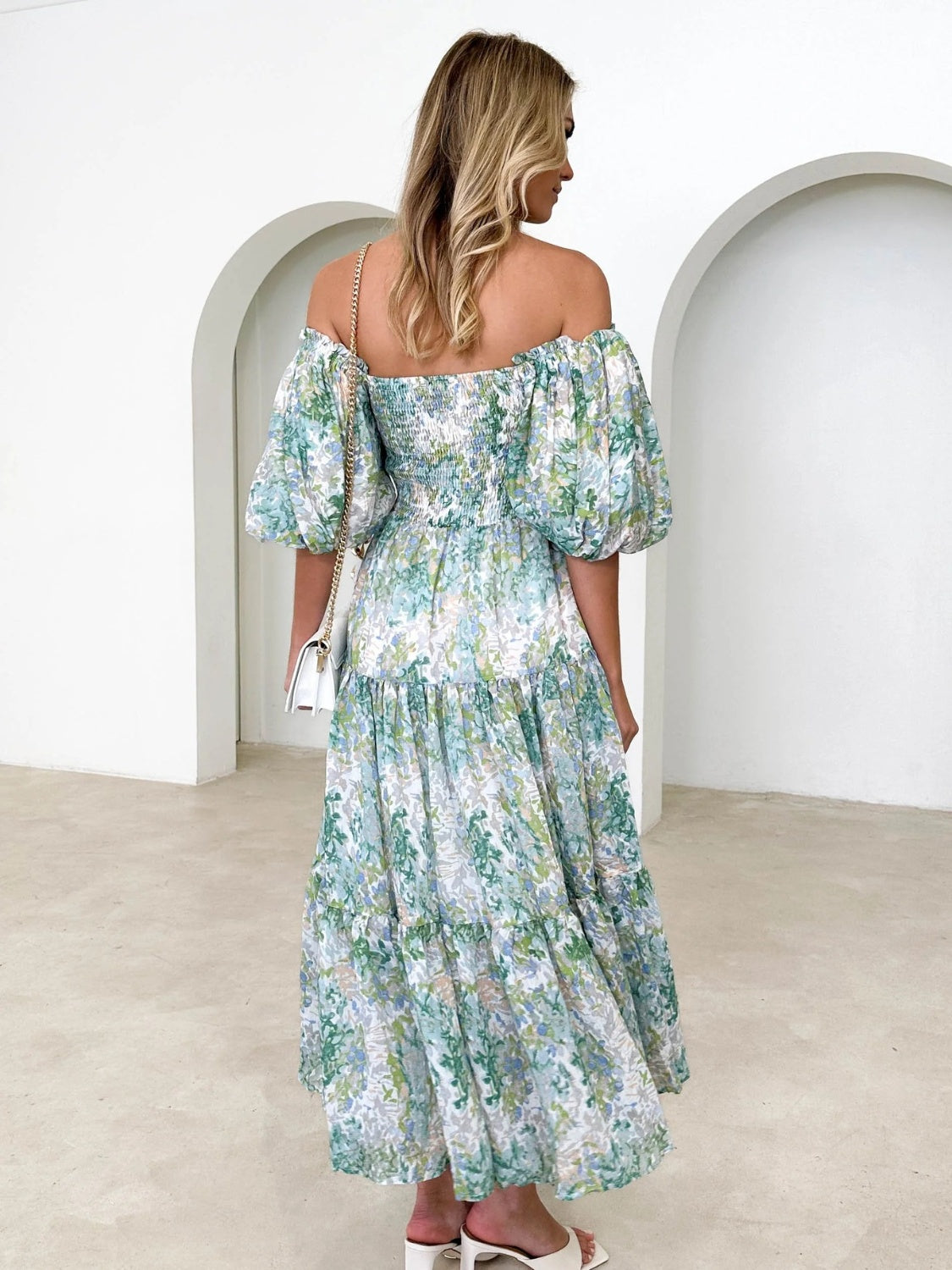 Prinzi Printed Smocked Off-Shoulder Tiered Dress